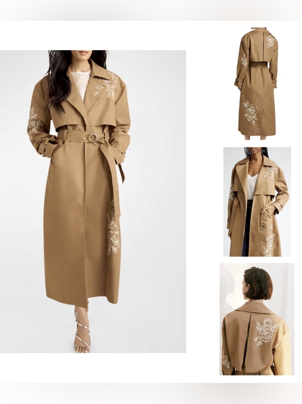 NVLT Contemporary Trench Coat Floral Embroidered Belted Brown LG